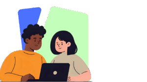 Illustration of two people sitting together, looking at a laptop screen, discussing cyber crisis management, with abstract colored shapes in the background.