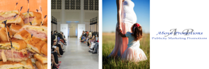 A collage of four images: a close-up of sandwiches, an art exhibit with viewers, a pregnant woman clasping her belly in a field, and a logo reading "AI Above Promotions.