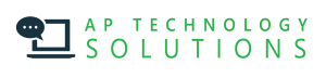 Logo of ap technology solutions featuring a stylized computer screen icon with a speech bubble, next to the company name in green and grey lettering, emphasizing its focus on tech marketing.