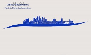 A blue graphic silhouette of a city skyline with various skyscrapers and buildings, situated above a curved line. The words "above crisis communications" are displayed at the top in a stylized font.