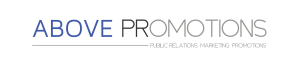 Text logo that reads "Above Promotions" in bold, capitalized letters, with a subtitle "public relations marketing promotions" in smaller font beneath. The palette is predominantly blue and gray, reflecting modern martech aesthetics.