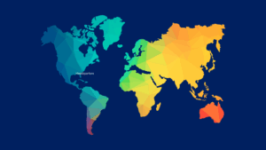 A stylized, polygonal world map with a "Headquarters" label in eastern North America highlights global marketing reach; continents are colored in gradient shades from blue to red.