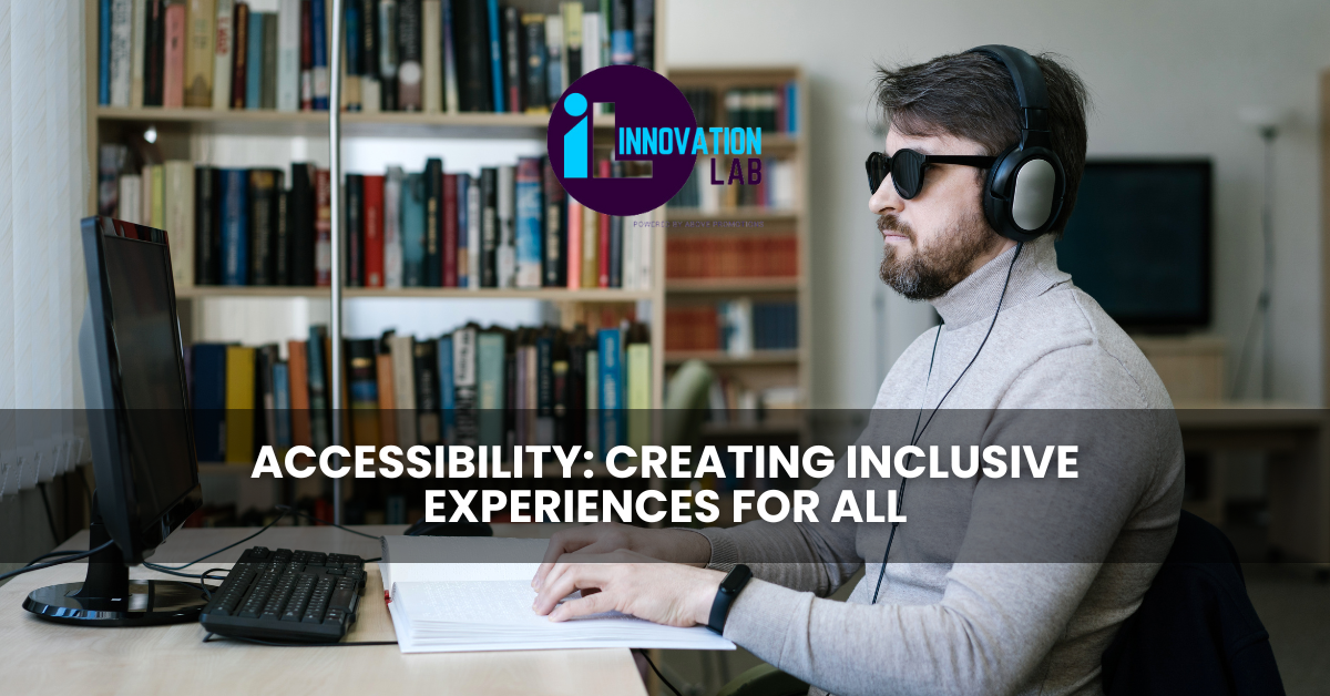 A man wearing headphones and sunglasses uses a computer in a room with bookshelves, emphasizing accessibility and fostering inclusive experiences for everyone.