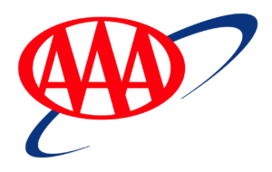 Red "AAA" letters form a circle with a red border, intersected by a blue elliptical ring, on a light gray background.