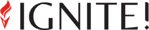 The word "IGNITE!" in bold black letters, with a stylized red flame graphic to the left of the text, represents a dynamic digital marketing agency ready to spark your brand’s growth.
