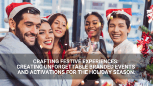 Five people wearing Santa hats smile and hold glasses in a toast at a festive holiday party, with text overlay promoting branded holiday events, New Year's Eve celebrations, and content planning for your 2026 content strategy.