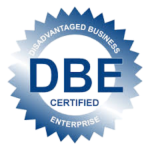 A blue and white seal with the letters "DBE" in large font at the center. A blue and white seal with the letters "DBE" in large font at the center.