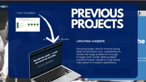 A laptop with a website analysis, overlaid text reading “Previous Projects: Updating Website,” and an inset consultant report screenshot from Impact Studio.