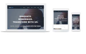 A website homepage with the text "Innovate. Modernize. Transform with us." is displayed on a laptop, tablet, and smartphone screen.