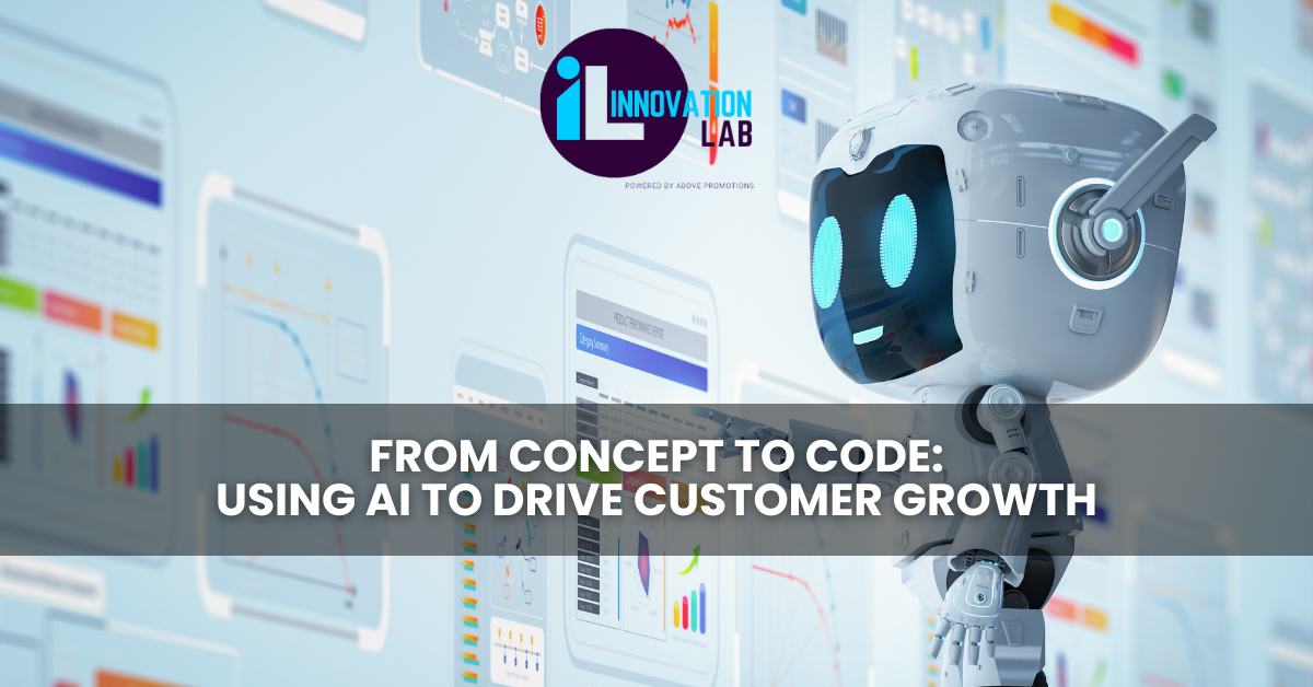 A robot with blue eyes stands in front of data charts. A banner reads, "From Concept to Code: Harnessing AI for Customer Growth." The Innovation Lab logo sits prominently at the top.