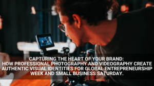 A person adjusts a camera while recording a video in an indoor setting. Text overlays highlight the role of content planning in photography and videography for effective branding at entrepreneurship events.