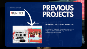 A promotional slide highlighting a past branding project for a summit event by Impact Studio, featuring images of a media kit, event banners, and a group photo of women.