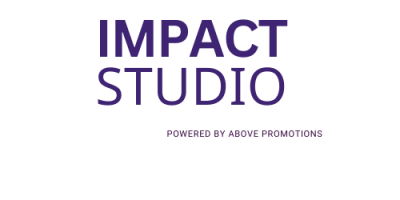 Logo of "Impact Studio" with the text "Powered by Above Promotions" written below in a smaller font on a white background, ready to headline the Main Page for 2024.