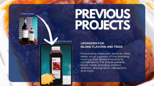 A wine bottle and a labeled bottle of sauce are shown with an arrow connecting them, illustrating a branding project for Island Flavors and Tings by Impact Studio. Text describes the branding and promotional services.
