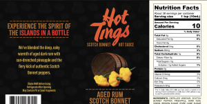 A hot sauce bottle label featuring the text "Hot Tings Scotch Bonnet Hot Sauce," images of Scotch Bonnet peppers, a wooden barrel, and detailed nutrition facts on the right side.