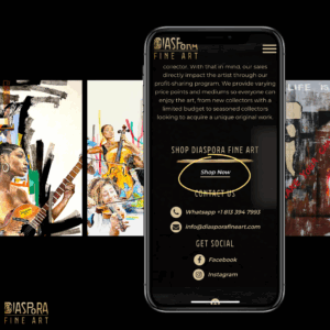 A smartphone displays the Diaspora Fine Art website with a "Shop Now" button, surrounded by colorful abstract and figurative paintings—an inspiring scene for any digital marketing agency seeking creative online inspiration.