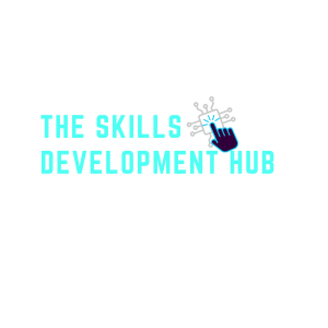 Logo for "The Skills Development Hub" featuring a hand pressing a digital button, highlighting the return of investment in learning. Includes "Powered by Above Promotions" text on a sleek black background.