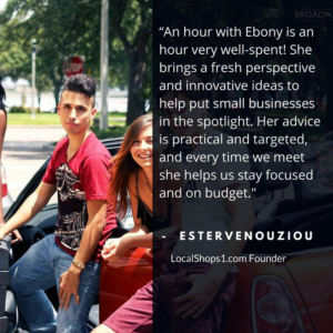 A woman and a man are seated on a park bench, the woman is laughing and the man is smiling, looking at the camera. A quote praises a person named Ebony for her tech business advice, attributed to a company founder.