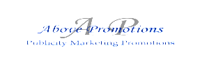 Logo of "above promotion" featuring stylized text in blue with the words "AI marketing promotion" underneath, partly obscured by abstract gray shapes.