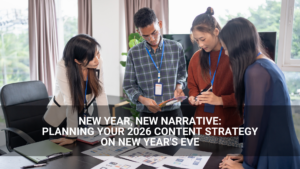 Three people in business attire discuss documents with charts at a table. Text overlay reads: “Planning Your 2026 Content Strategy on New Year's Eve.” Perfect for content planning as you enter the new year.