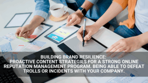 Two people work on branding strategies with notes, papers, and a tablet on a desk. An overlay text highlights proactive content planning and 2026 content strategy for online reputation management.