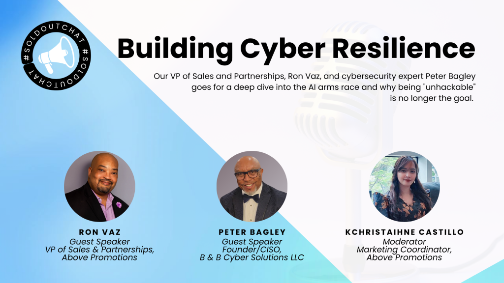 Promotional graphic for a cyber resilience and reputation management event featuring Ron Vaz, Peter Bagley, and Kchristianne Castillo with their titles and headshots on a blue and white background.
