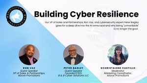 Promotional graphic for a cyber resilience and reputation management event featuring Ron Vaz, Peter Bagley, and Kchristianne Castillo with their titles and headshots on a blue and white background.