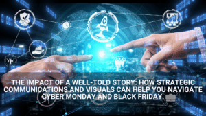 Two hands point toward digital icons representing business and technology, with interconnected global graphics and headline text about content strategy for Cyber Monday, Black Friday, and New Year's Eve 2026.
