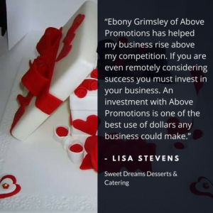 A close-up of a brochure featuring a customer testimonial from Lisa Stevens. The text is overlaid on a background that includes a vivid red shoe with a high heel and various small white hearts, designed for social media promotion.