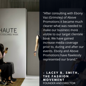 A person sitting next to a large promotional board with text and a quote by lacey b. smith about business growth.