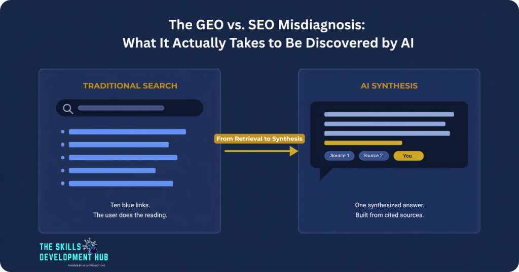 Comparison of traditional search, showing ten blue links—a hallmark of classic SEO—versus AI synthesis, GEO, offering one summarized answer with cited sources. An arrow highlights the transition from simple retrieval to intelligent synthesis, showcasing how AI is reshaping search experiences.
