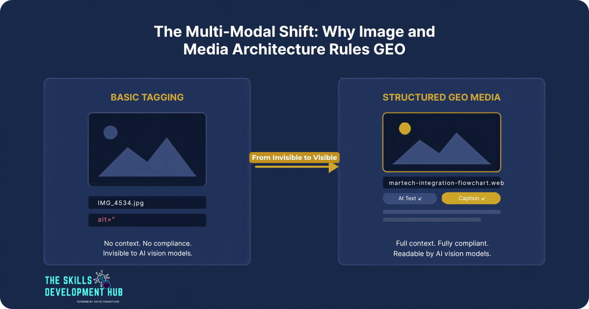 Comparison of basic image tagging with missing alt text versus structured tagging with descriptive alt text and caption, highlighting improved AI readability and enhanced GEO Image Optimization.