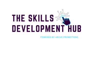 Logo with text "The Skills Development Hub" and "Powered by Above Promotions" below. A blue hand icon clicking on a circuit pattern is included. Perfect for the Main Page, showcasing innovation and forward-thinking designs for 2024 and beyond.