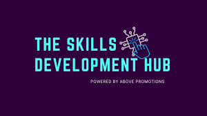 Logo for "The Skills Development Hub" featuring a hand touching a digital network, highlighting return of investment, with the text "Powered by Above Promotions" on a dark purple background.