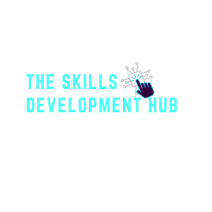 Logo with the words "The Skills Development Hub" in blue, accompanied by a graphic of a clicking hand on a network icon, reflecting the collaborative spirit of an Impact Studio.