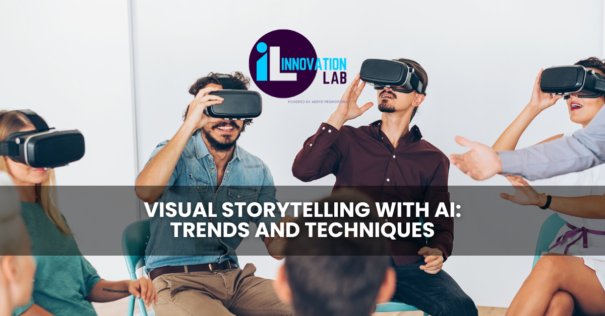 A group of people wearing virtual reality headsets sit in a circle during a Visual Storytelling with AI workshop. The text overlay reads, "Visual Storytelling with AI: Trends and Techniques.
