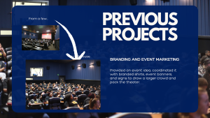 Collage showing crowded theater events and presentations by Impact Studio as examples of branding and event marketing projects.