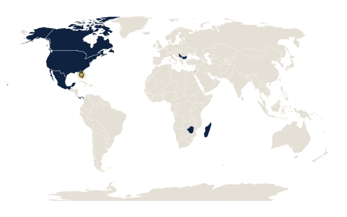 Above Promotions global reach — project experience across the United States, Canada, Mexico, Panama, Bulgaria, Serbia, Israel, Zimbabwe, and Madagascar, headquartered in Tampa Bay