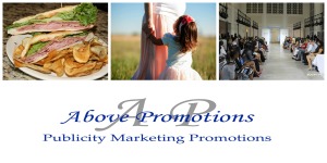 A collage of three images: a plate with a sandwich and chips, a young girl in a dress reaching up to a curtain, and a crowded hallway in a building with people seated on benches, labeled "above promotions social media marketing.