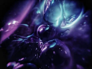 Abstract image with swirling shades of purple and blue, featuring a glossy, liquid-like surface and small bubbles.