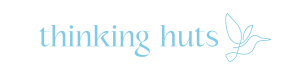 Logo of thinking huts featuring the words "thinking huts" in stylized blue script alongside a simplistic AI-generated illustration of a flying bird on the right side.